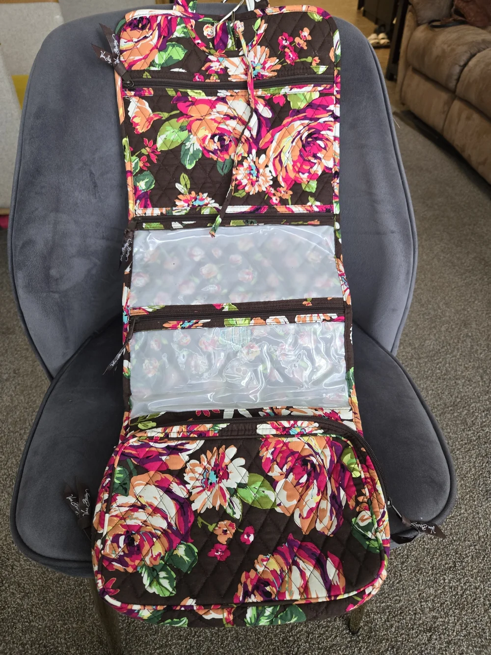 Vera Bradley Brown Quilted Floral Laptop Bag with Pink & Green Accents